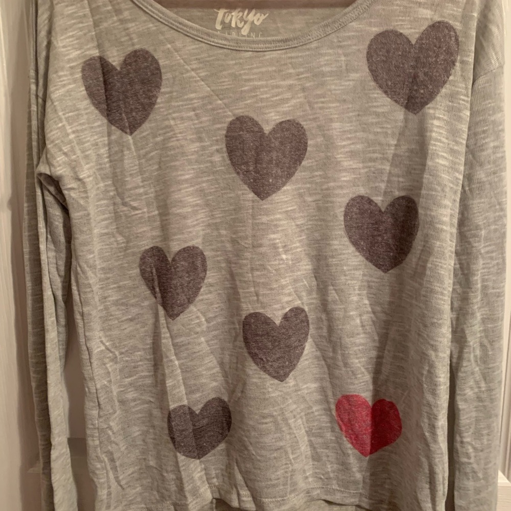 Long-Sleeve shirt.  Gray/silver/white with hearts one front.  Small